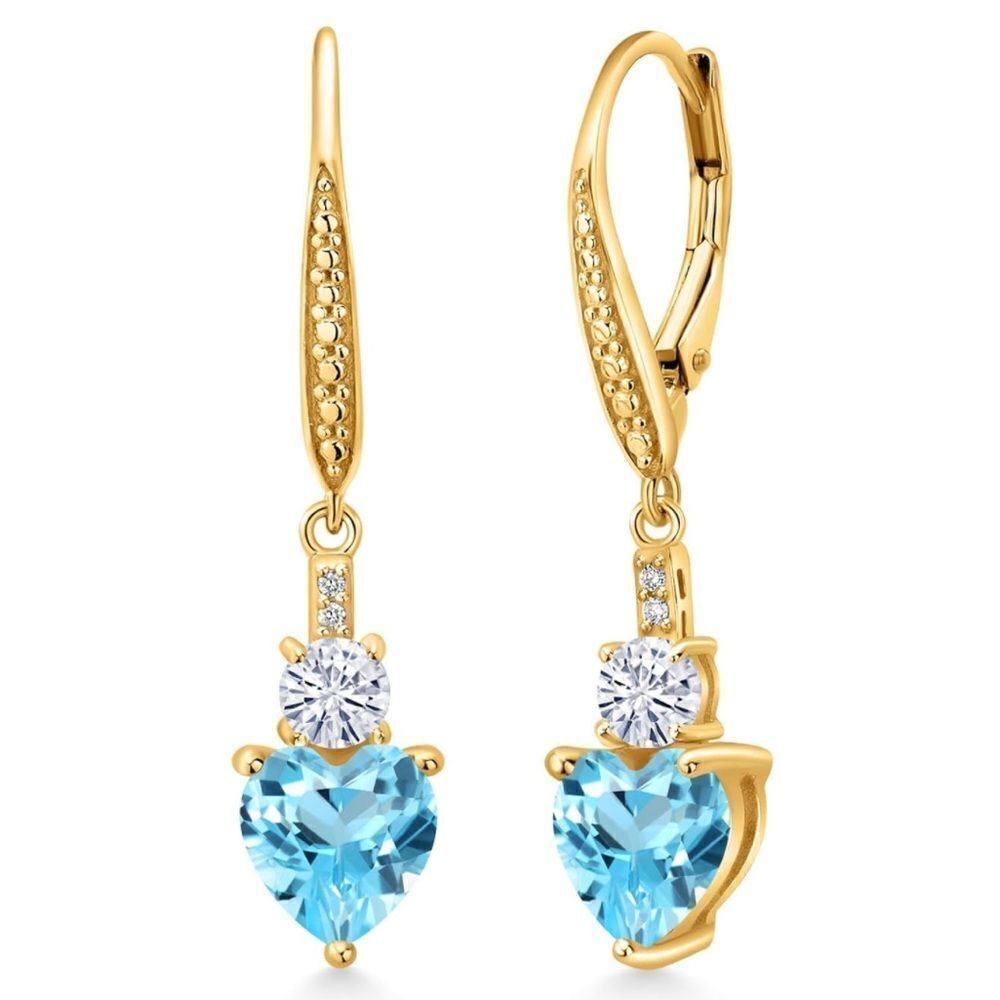 18K Yellow Gold with 3.49 Cttw Swiss Blue Topaz and Moissanite Heart Earrings
